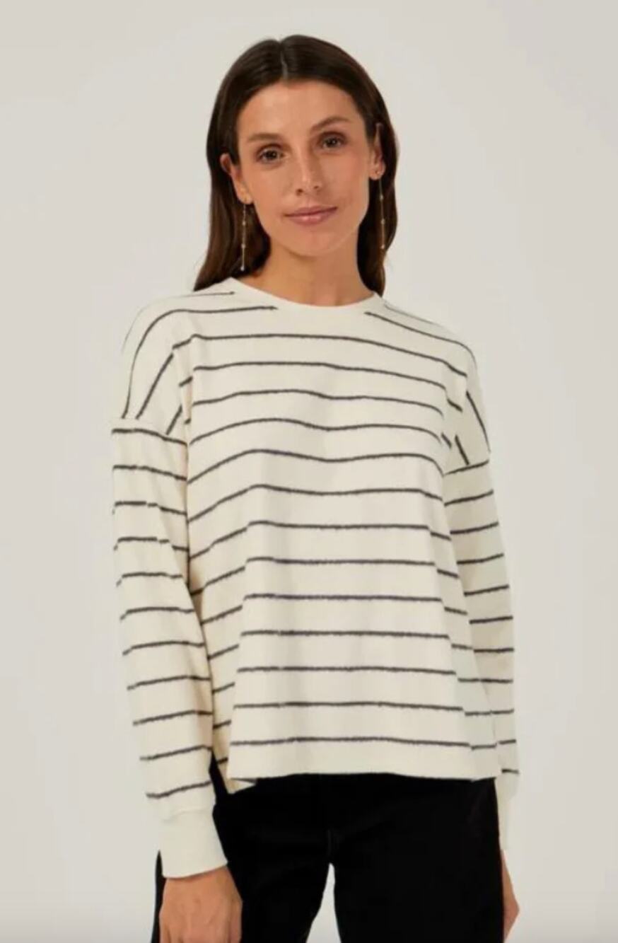 Mus & Bombon Aldea Stripe Sweatshirt Boucle Knit Top S Small Navy Blue Cream